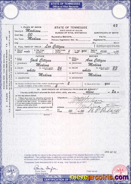 USA Tennessee state birth certificate